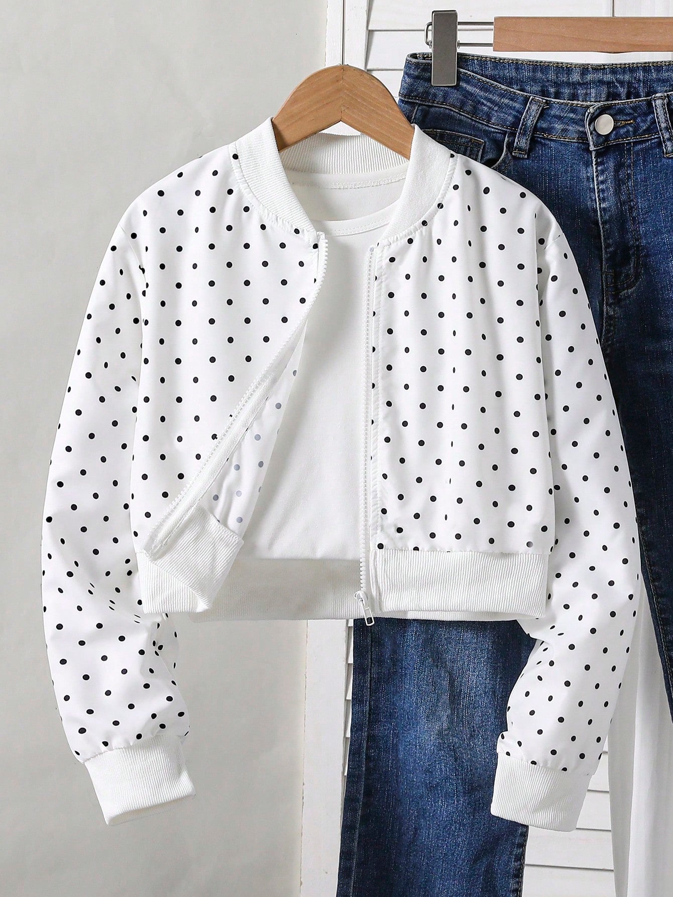 Tween Girls Gray Knit Long Sleeve Polka Dot Print Short Baseball Zip Up Jacket, Thin Autumn Style, Casual, Back To School, Outfit