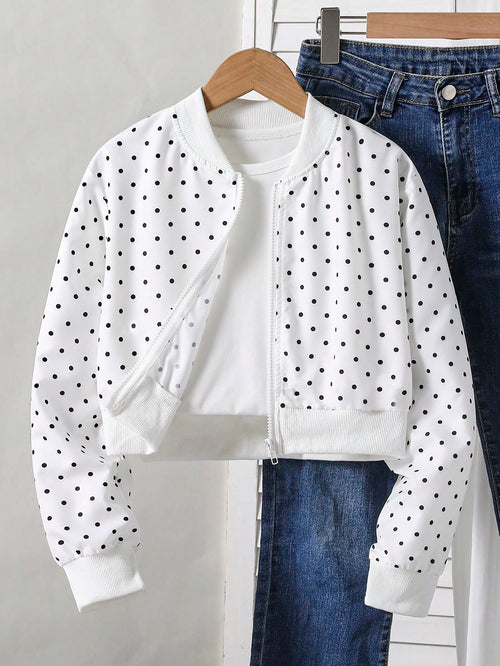 Tween Girls Gray Knit Long Sleeve Polka Dot Print Short Baseball Zip Up Jacket, Thin Autumn Style, Casual, Back To School, Outfit