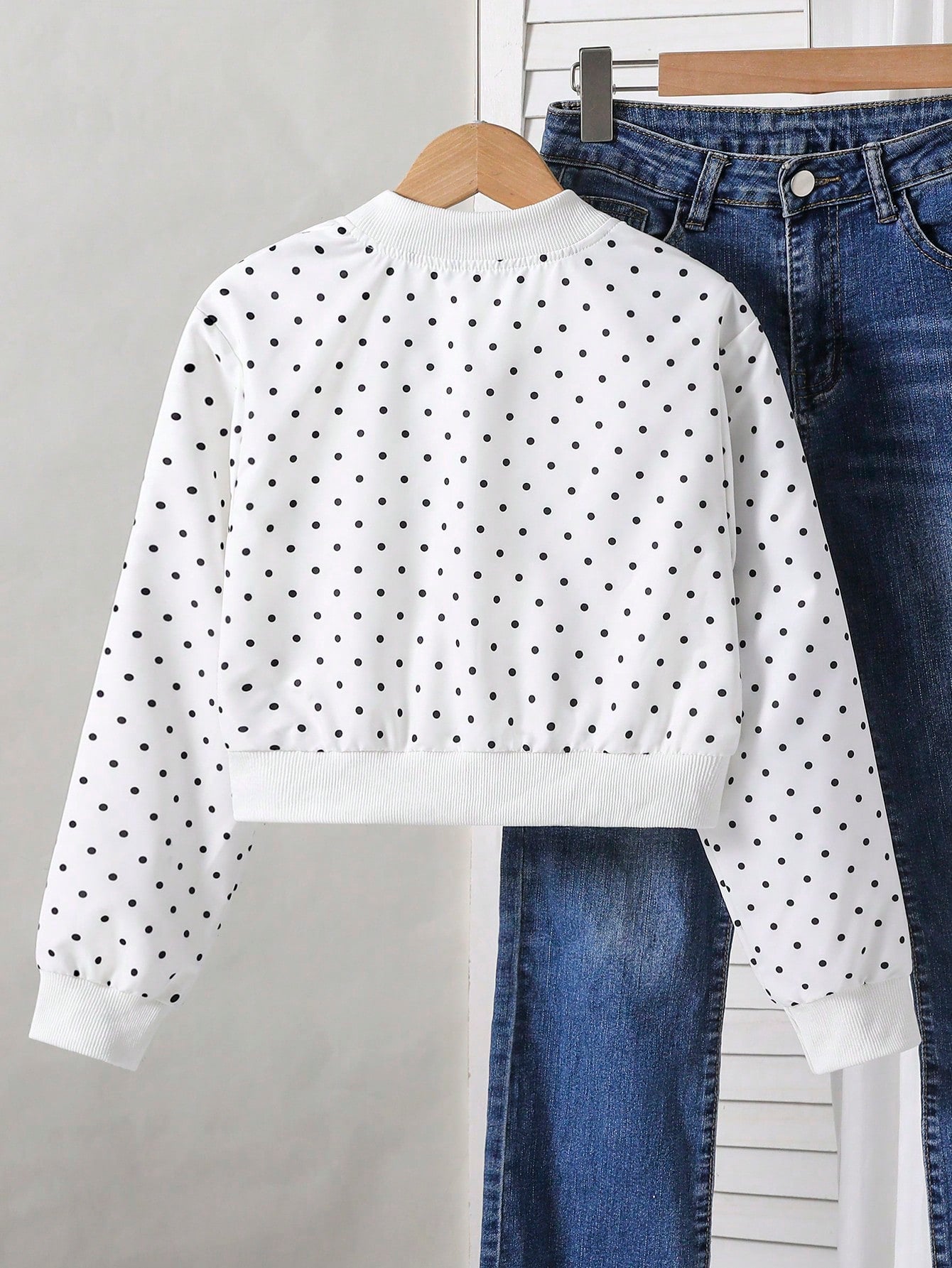 Tween Girls Gray Knit Long Sleeve Polka Dot Print Short Baseball Zip Up Jacket, Thin Autumn Style, Casual, Back To School, Outfit
