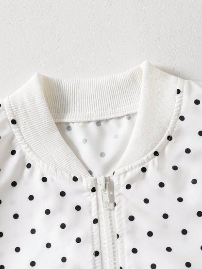 Tween Girls Gray Knit Long Sleeve Polka Dot Print Short Baseball Zip Up Jacket, Thin Autumn Style, Casual, Back To School, Outfit