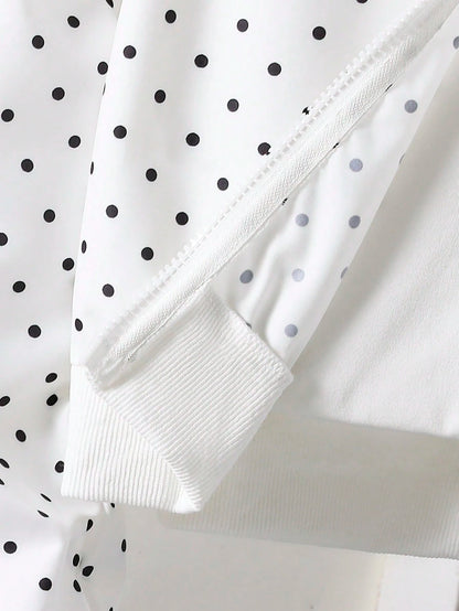 Tween Girls Gray Knit Long Sleeve Polka Dot Print Short Baseball Zip Up Jacket, Thin Autumn Style, Casual, Back To School, Outfit