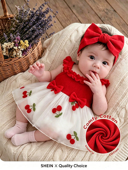 Two Newborn Baby Girls, Summer Romance, Sweetness, And Cuteness. White Knitted Pit Stripe, Ruffle Edge, Suspender, Flower Embroidery, Waist Decoration, Lace Mesh Dress, Butterfly Machine Headban