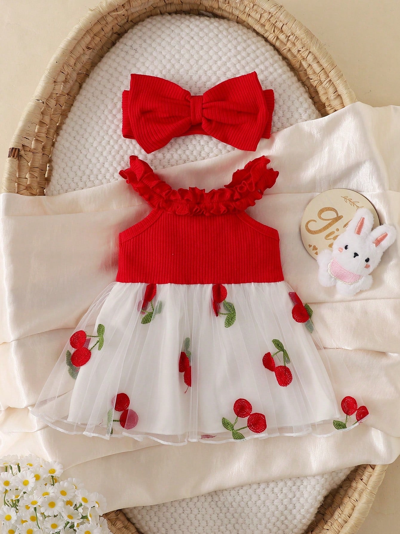 Two Newborn Baby Girls, Summer Romance, Sweetness, And Cuteness. White Knitted Pit Stripe, Ruffle Edge, Suspender, Flower Embroidery, Waist Decoration, Lace Mesh Dress, Butterfly Machine Headban