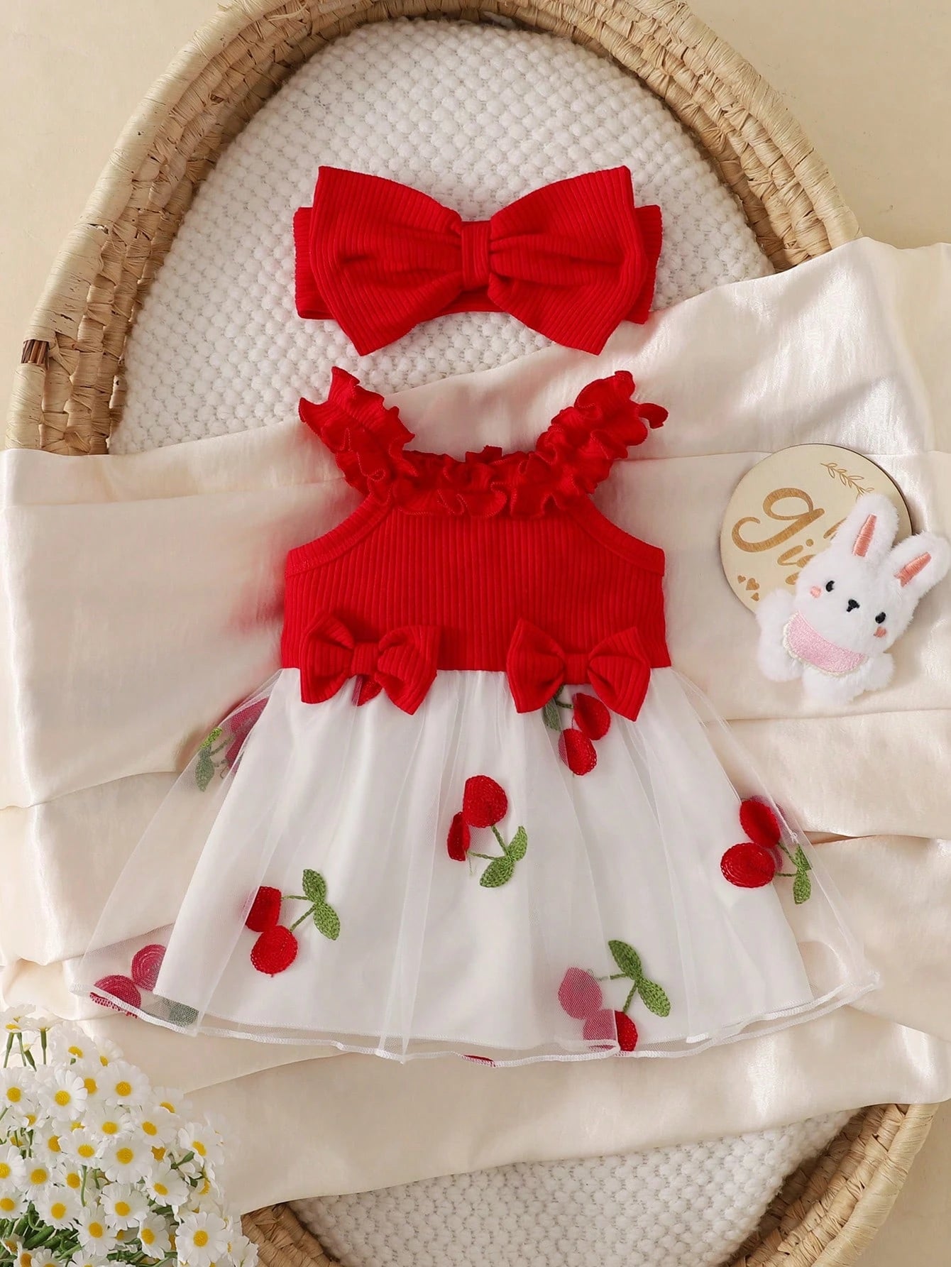 Two Newborn Baby Girls, Summer Romance, Sweetness, And Cuteness. White Knitted Pit Stripe, Ruffle Edge, Suspender, Flower Embroidery, Waist Decoration, Lace Mesh Dress, Butterfly Machine Headban
