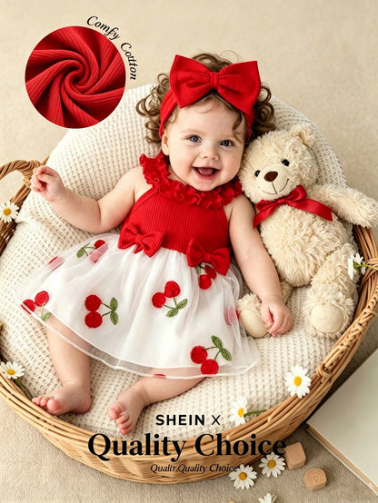 Two Newborn Baby Girls, Summer Romance, Sweetness, And Cuteness. White Knitted Pit Stripe, Ruffle Edge, Suspender, Flower Embroidery, Waist Decoration, Lace Mesh Dress, Butterfly Machine Headban