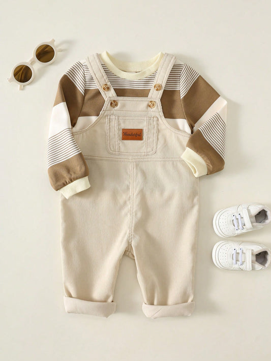 Unisex Baby Boy/Girl, Toddler 2pcs Autumn/Winter Casual Cute Striped Sweatshirt Set, Corduroy Overalls, Baby Winter Clothes/Outfit Set, Halloween