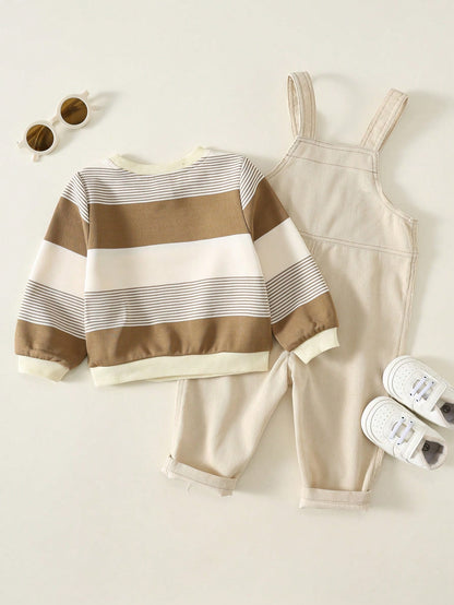 Unisex Baby Boy/Girl, Toddler 2pcs Autumn/Winter Casual Cute Striped Sweatshirt Set, Corduroy Overalls, Baby Winter Clothes/Outfit Set, Halloween