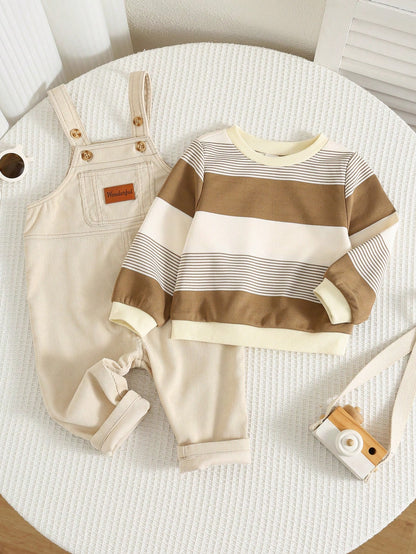 Unisex Baby Boy/Girl, Toddler 2pcs Autumn/Winter Casual Cute Striped Sweatshirt Set, Corduroy Overalls, Baby Winter Clothes/Outfit Set, Halloween