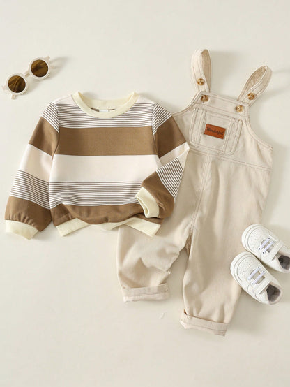 Unisex Baby Boy/Girl, Toddler 2pcs Autumn/Winter Casual Cute Striped Sweatshirt Set, Corduroy Overalls, Baby Winter Clothes/Outfit Set, Halloween