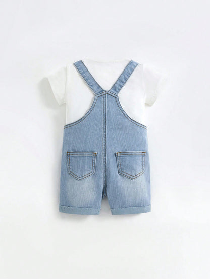 Unisex Baby/Toddler Light Blue Denim Bib Shorts With Rips, Suitable For Summer Outings And Vacations