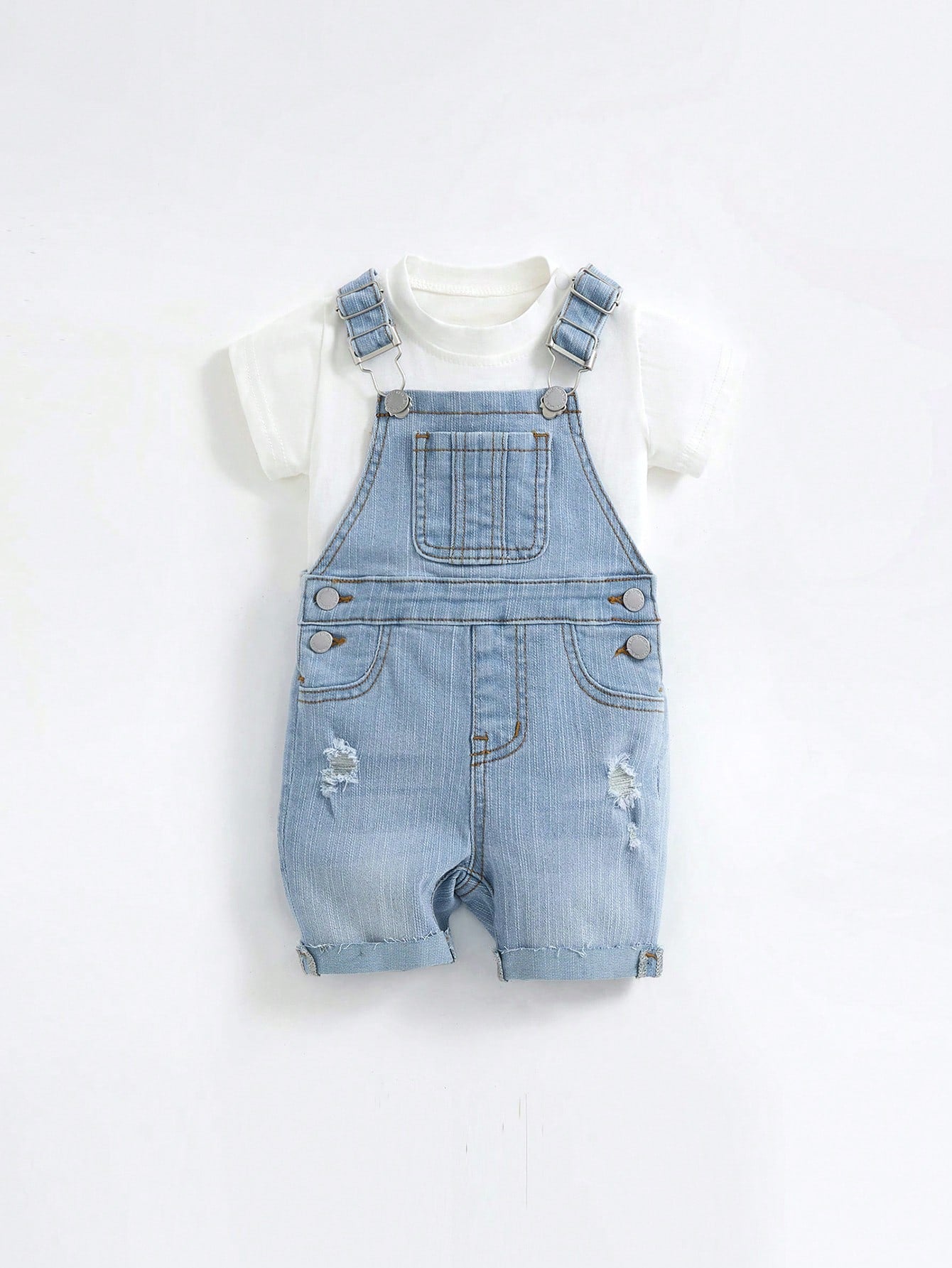 Unisex Baby/Toddler Light Blue Denim Bib Shorts With Rips, Suitable For Summer Outings And Vacations