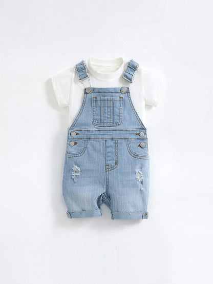 Unisex Baby/Toddler Light Blue Denim Bib Shorts With Rips, Suitable For Summer Outings And Vacations