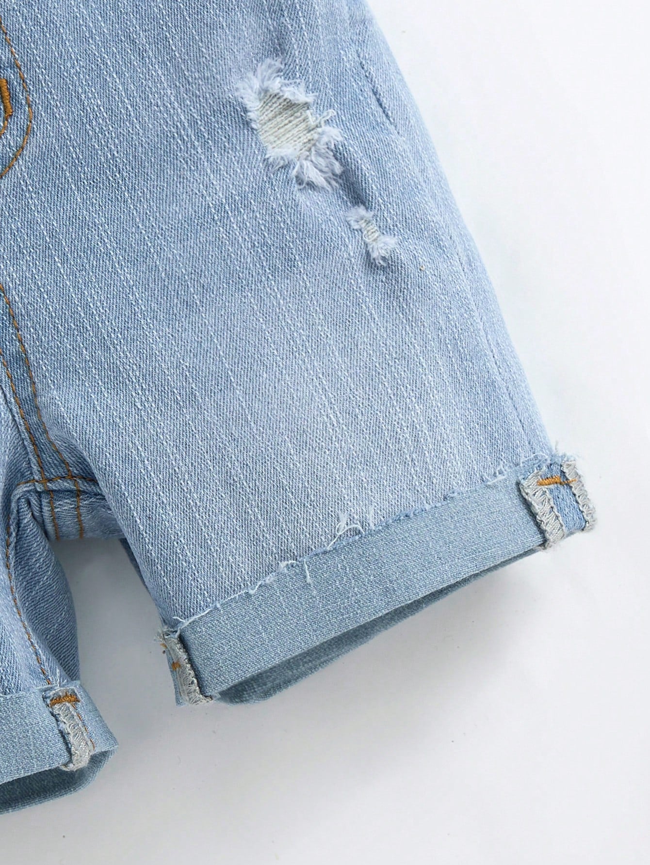 Unisex Baby/Toddler Light Blue Denim Bib Shorts With Rips, Suitable For Summer Outings And Vacations