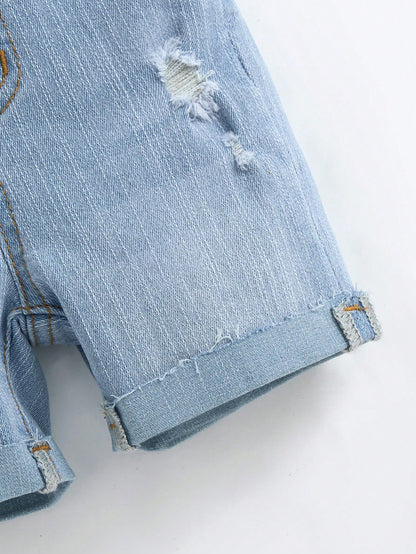 Unisex Baby/Toddler Light Blue Denim Bib Shorts With Rips, Suitable For Summer Outings And Vacations
