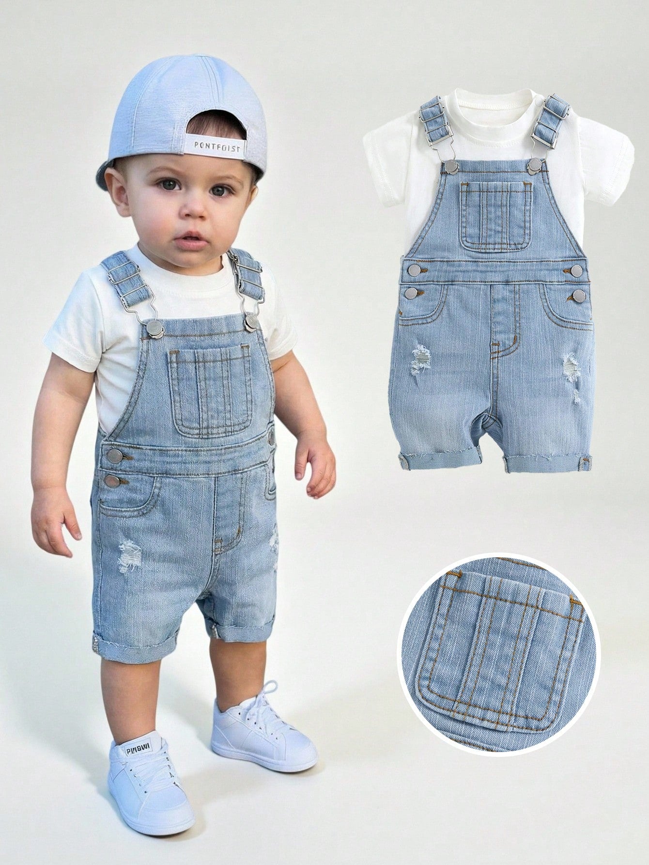 Unisex Baby/Toddler Light Blue Denim Bib Shorts With Rips, Suitable For Summer Outings And Vacations