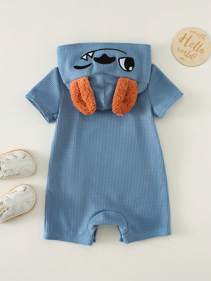 Unisex Newborn Baby Boy/Girl Cute 3D Big Ear Design Hooded Short Sleeve Romper Set,Outfit Boy Clothes Suit Waffle Knit