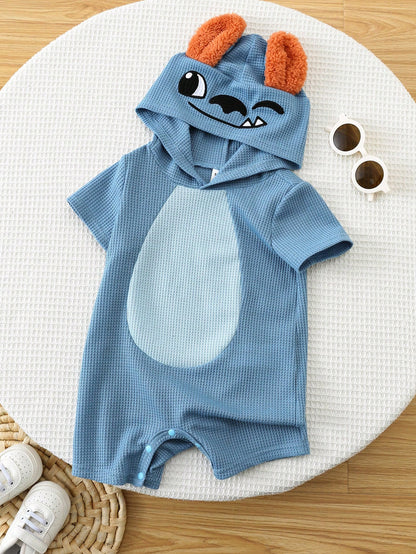 Unisex Newborn Baby Boy/Girl Cute 3D Big Ear Design Hooded Short Sleeve Romper Set,Outfit Boy Clothes Suit Waffle Knit