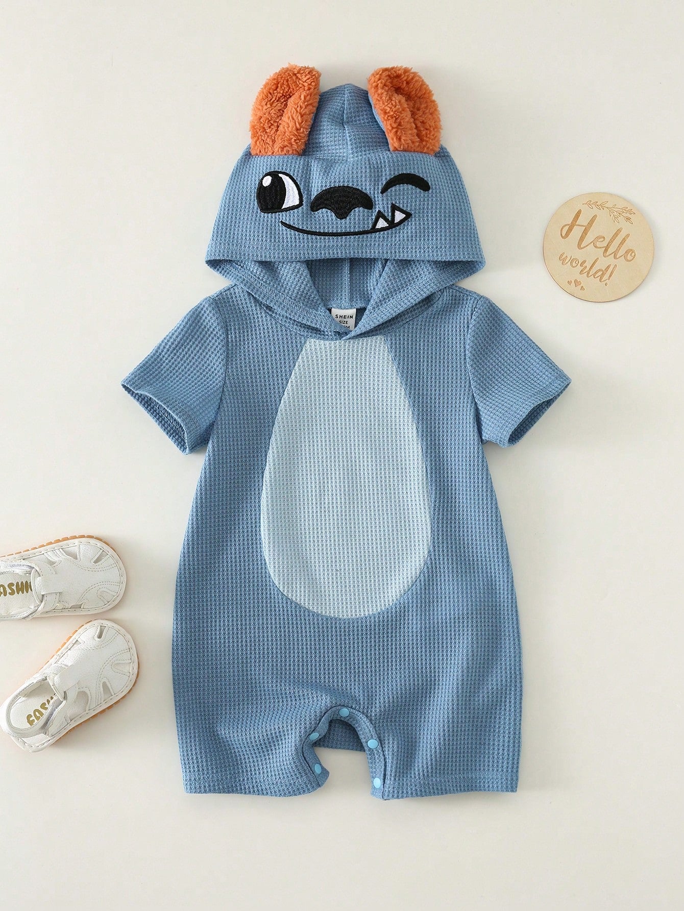 Unisex Newborn Baby Boy/Girl Cute 3D Big Ear Design Hooded Short Sleeve Romper Set,Outfit Boy Clothes Suit Waffle Knit