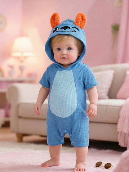 Unisex Newborn Baby Boy/Girl Cute 3D Big Ear Design Hooded Short Sleeve Romper Set,Outfit Boy Clothes Suit Waffle Knit