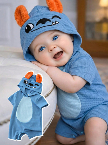 Unisex Newborn Baby Boy/Girl Cute 3D Big Ear Design Hooded Short Sleeve Romper Set,Outfit Boy Clothes Suit Waffle Knit