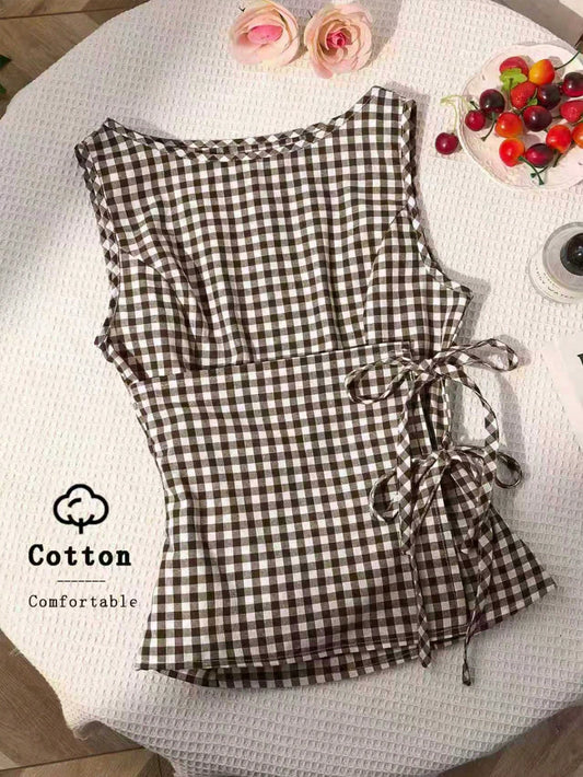 Unity Retro Plaid Round Neck Design Sense College Style Sexy Girl Sleeveless Shirt, Summer New Tie-Up Slim Fit Delicate Sweet Girl Vibe Women Blouse