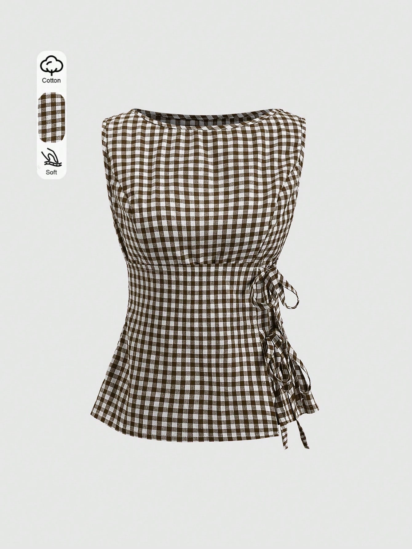 Unity Retro Plaid Round Neck Design Sense College Style Sexy Girl Sleeveless Shirt, Summer New Tie-Up Slim Fit Delicate Sweet Girl Vibe Women Blouse
