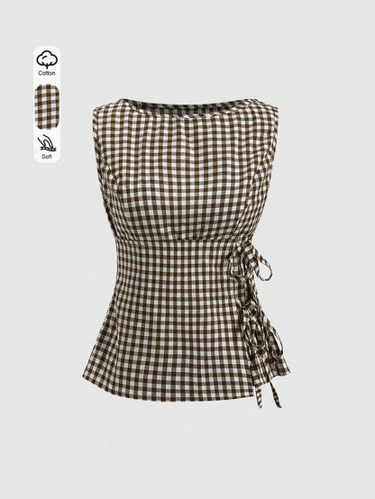 Unity Retro Plaid Round Neck Design Sense College Style Sexy Girl Sleeveless Shirt, Summer New Tie-Up Slim Fit Delicate Sweet Girl Vibe Women Blouse