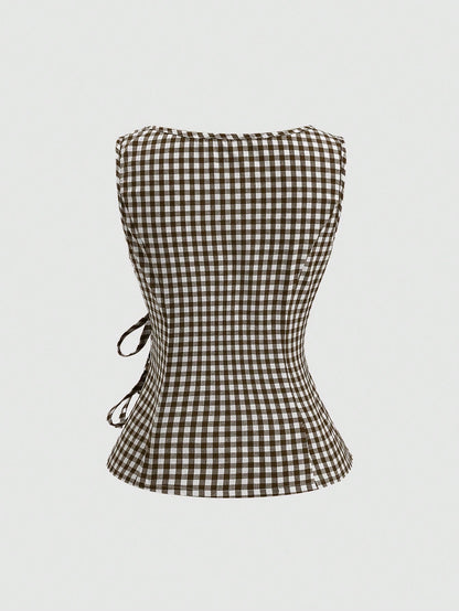 Unity Retro Plaid Round Neck Design Sense College Style Sexy Girl Sleeveless Shirt, Summer New Tie-Up Slim Fit Delicate Sweet Girl Vibe Women Blouse
