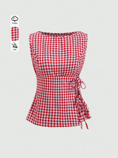 Unity Retro Plaid Round Neck Design Sense College Style Sexy Girl Sleeveless Shirt, Summer New Tie-Up Slim Fit Delicate Sweet Girl Vibe Women Blouse