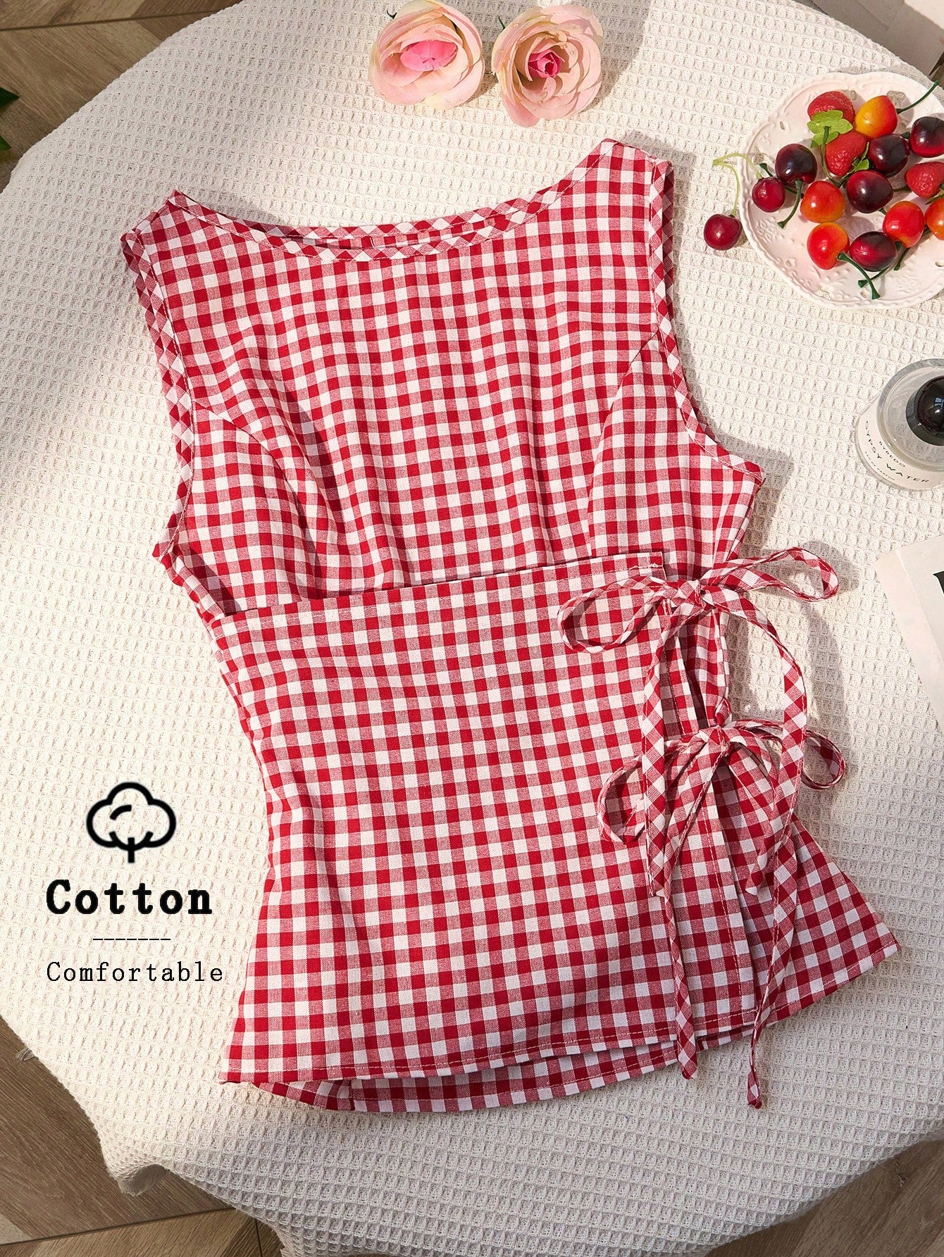 Unity Retro Plaid Round Neck Design Sense College Style Sexy Girl Sleeveless Shirt, Summer New Tie-Up Slim Fit Delicate Sweet Girl Vibe Women Blouse