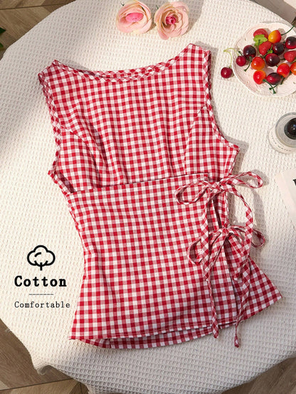 Unity Retro Plaid Round Neck Design Sense College Style Sexy Girl Sleeveless Shirt, Summer New Tie-Up Slim Fit Delicate Sweet Girl Vibe Women Blouse
