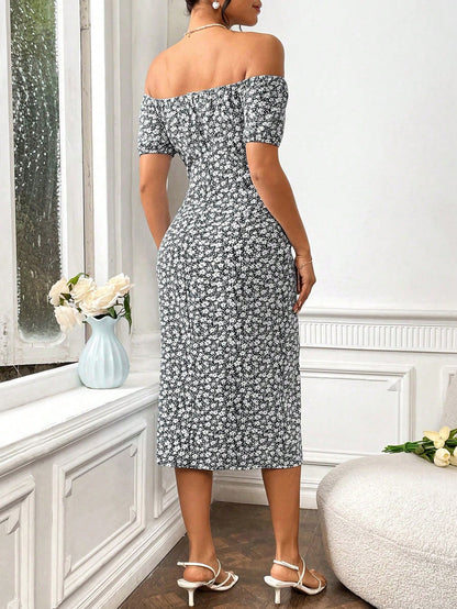 Unity Women's Ditsy Floral Off-Shoulder Split Hem Short Sleeve Mini Dress Holiday Vacation Black And White Floral Summer Elegant