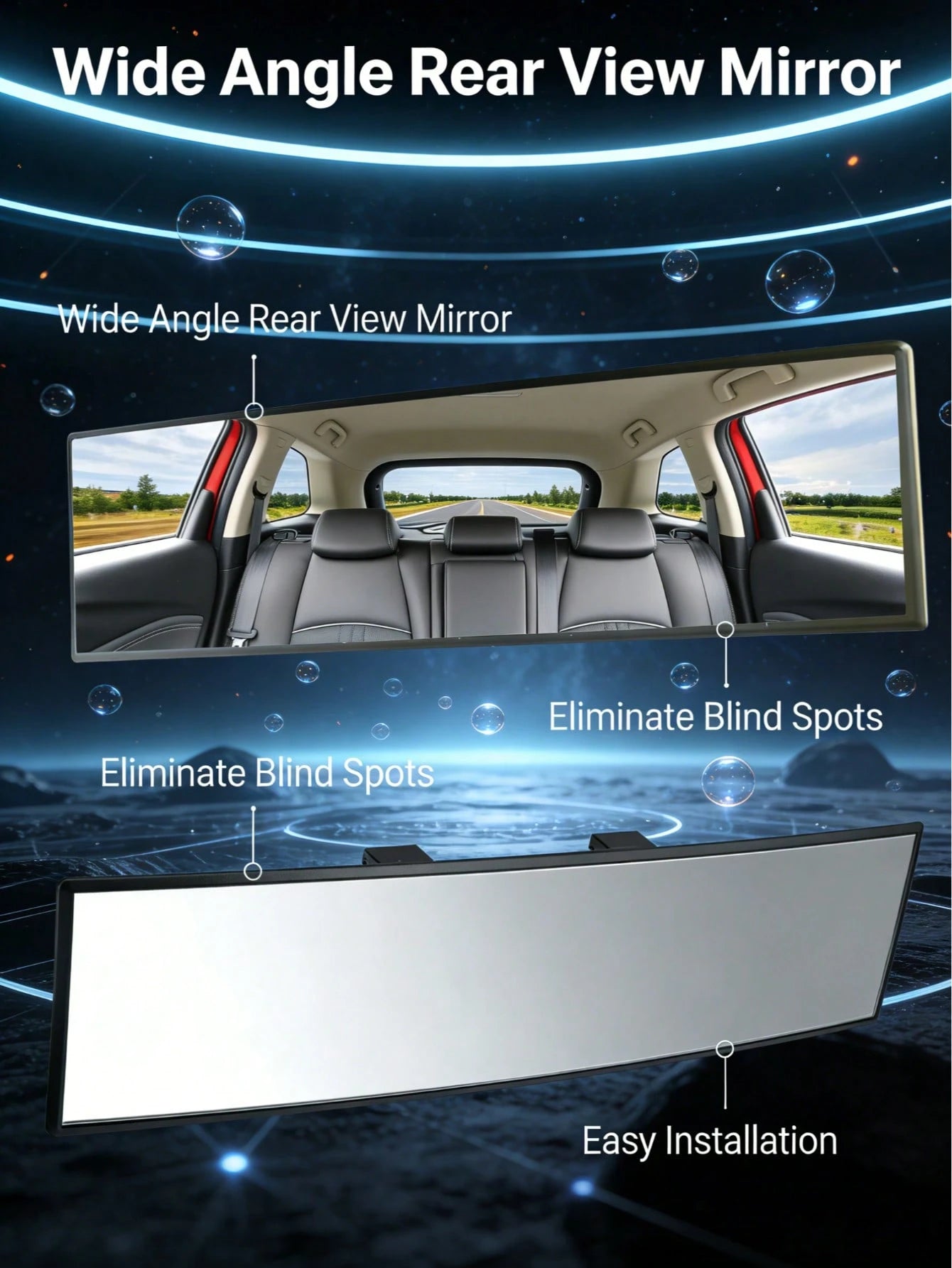 Universal 11.81 Inch Panoramic Convex Real View Mirror For Car SUV Trucks Reversible Passengers High-Quality Glass Anti-Fall Design Easy Install Rearview Mirror