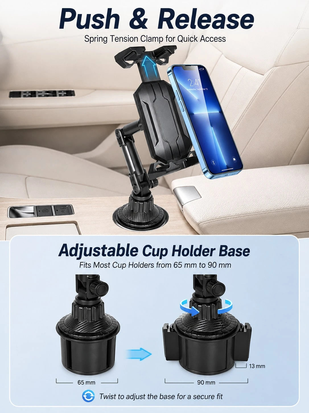 Universal Car Cup Holder Phone & Tablet Mount, Telescopic Rotating Cup Slot Navigation Stand With Spring Tension Clip, Anti-Slip & Anti-Vibration, Compatible With Smartphones, GPS And Tablets Up To 12