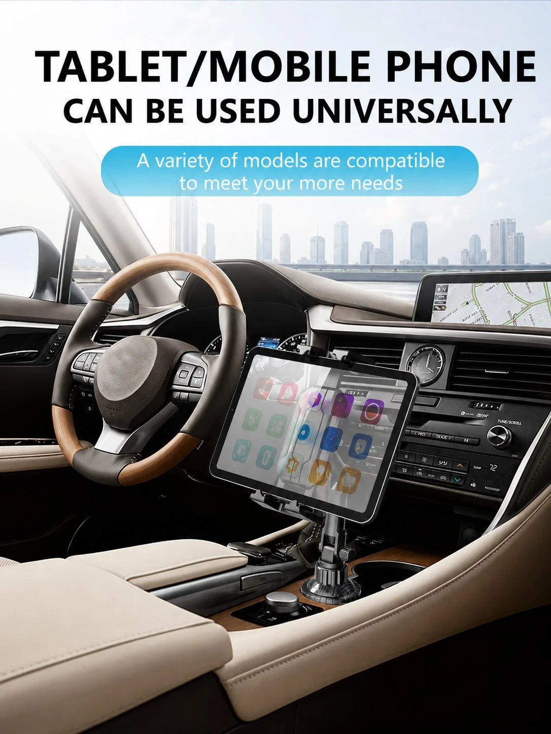 Universal Car Cup Holder Phone & Tablet Mount, Telescopic Rotating Cup Slot Navigation Stand With Spring Tension Clip, Anti-Slip & Anti-Vibration, Compatible With Smartphones, GPS And Tablets Up To 12
