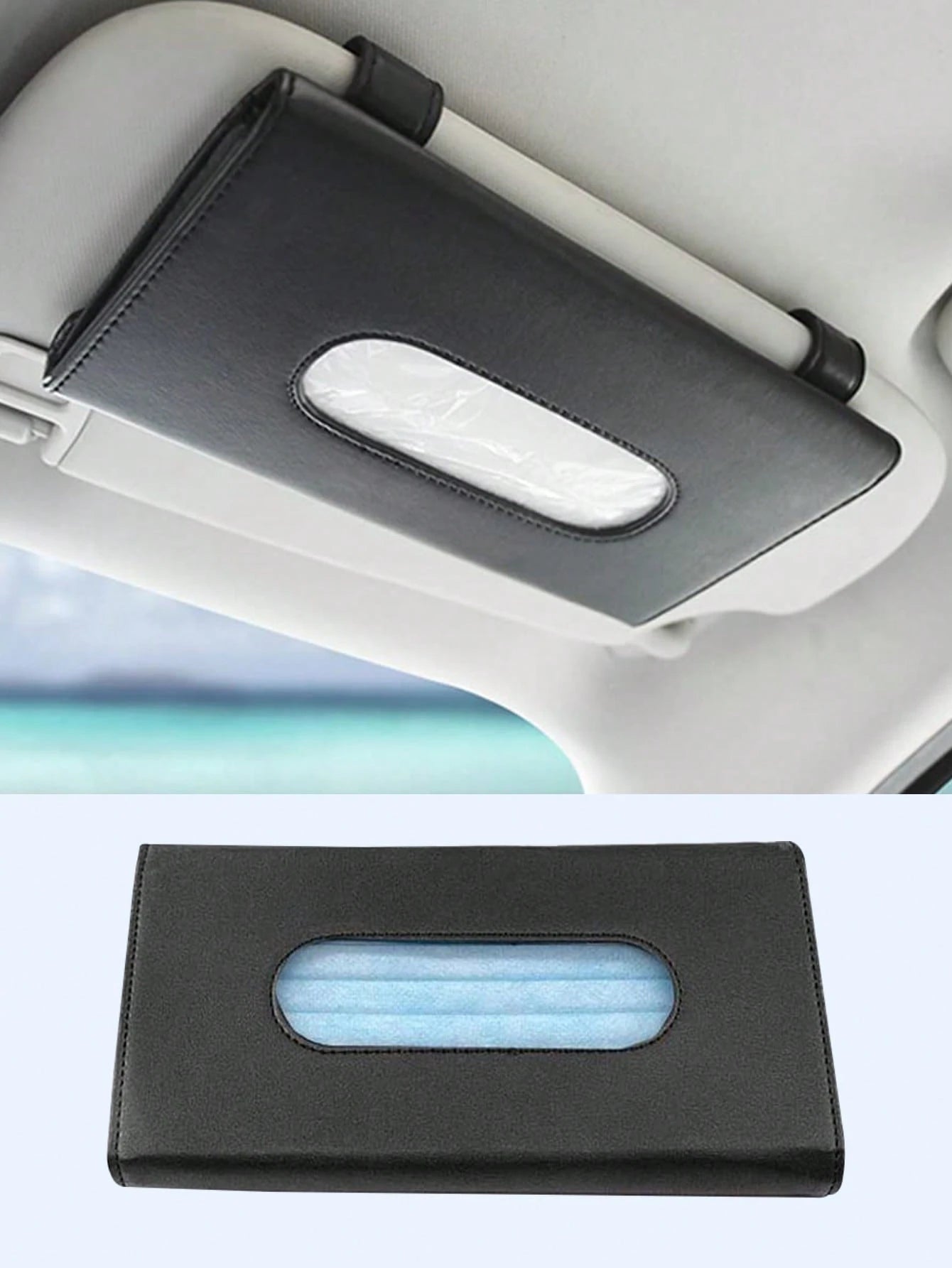 Universal Car Diamond Visor Tissue Box- Multi-Purpose Storage, Can Store Sunglasses, Masks And Other Items, Durable PU Leather, Soft Lining, Hook And Loop Closure, Back Clip Installation, Seat Back C