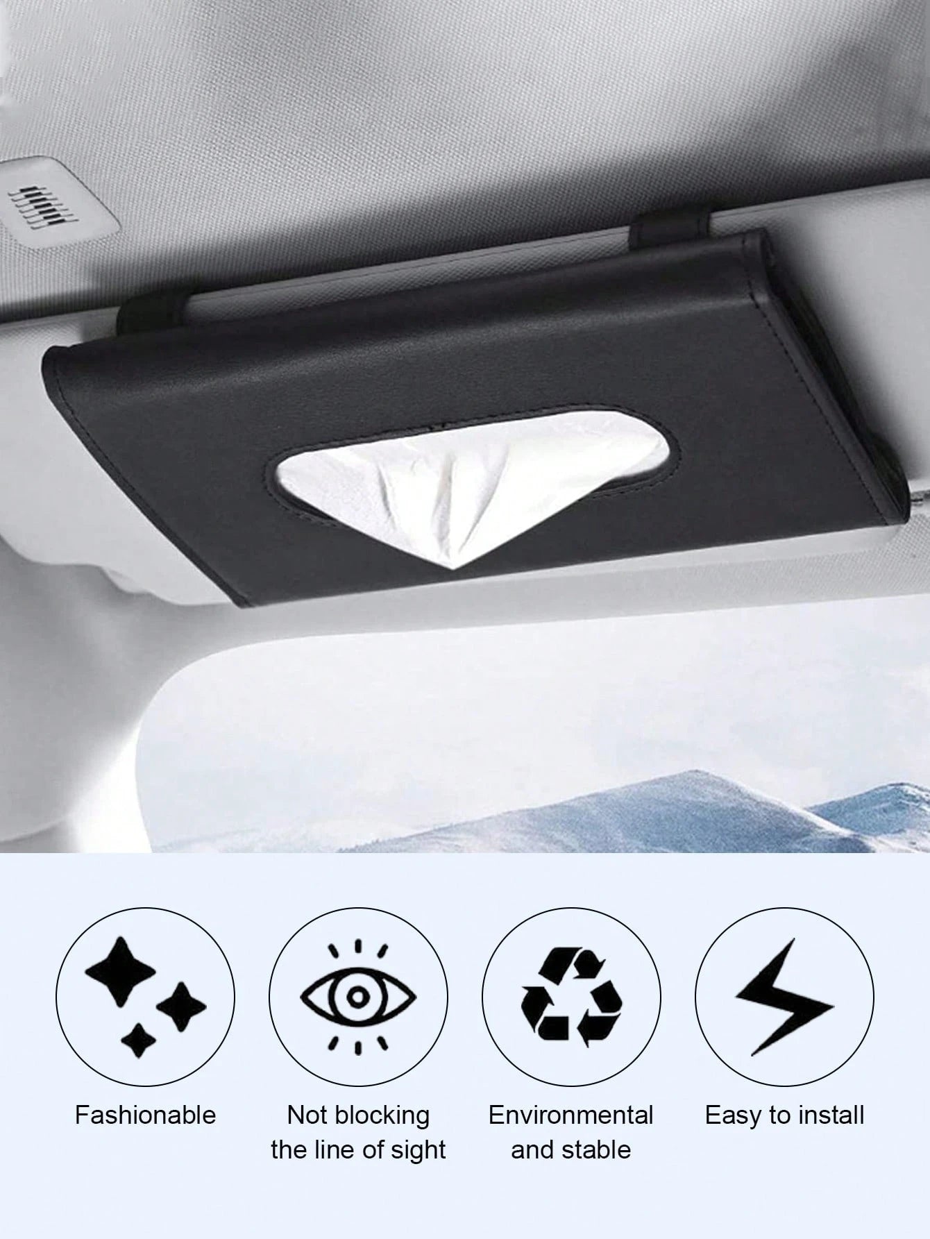 Universal Car Diamond Visor Tissue Box- Multi-Purpose Storage, Can Store Sunglasses, Masks And Other Items, Durable PU Leather, Soft Lining, Hook And Loop Closure, Back Clip Installation, Seat Back C