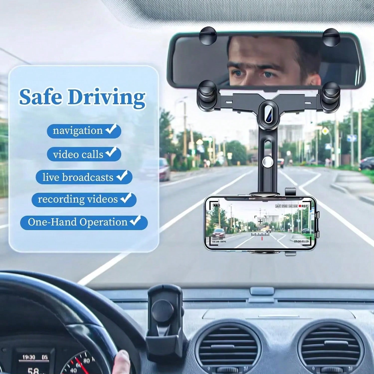 Universal Clip-On Rotatable Extendable Car Phone Holder, Rearview Mirror Dash Cam Mount, DVR/GPS Phone Support Bracket