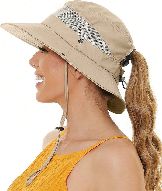 UPF50+ Hat Women Ponytail Hole Waterproof Wide Brim Bucket Hat Summer Beach Hiking Fishing Cap GFM4