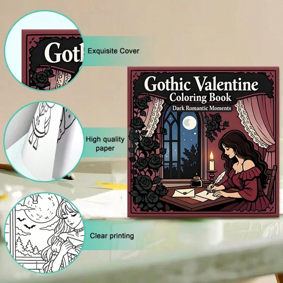 (Upgraded Luxury Edition, Thick Paper, 20.5 * 20.5cm) "Gothic Valentine's Day Coloring Page-25 Dark And Romantic Gothic Line Art Designs", Suitable For Couples And Families, Suitable For Parties, Val