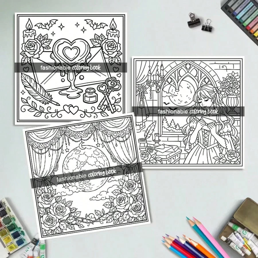 (Upgraded Luxury Edition, Thick Paper, 20.5 * 20.5cm) "Gothic Valentine's Day Coloring Page-25 Dark And Romantic Gothic Line Art Designs", Suitable For Couples And Families, Suitable For Parties, Val