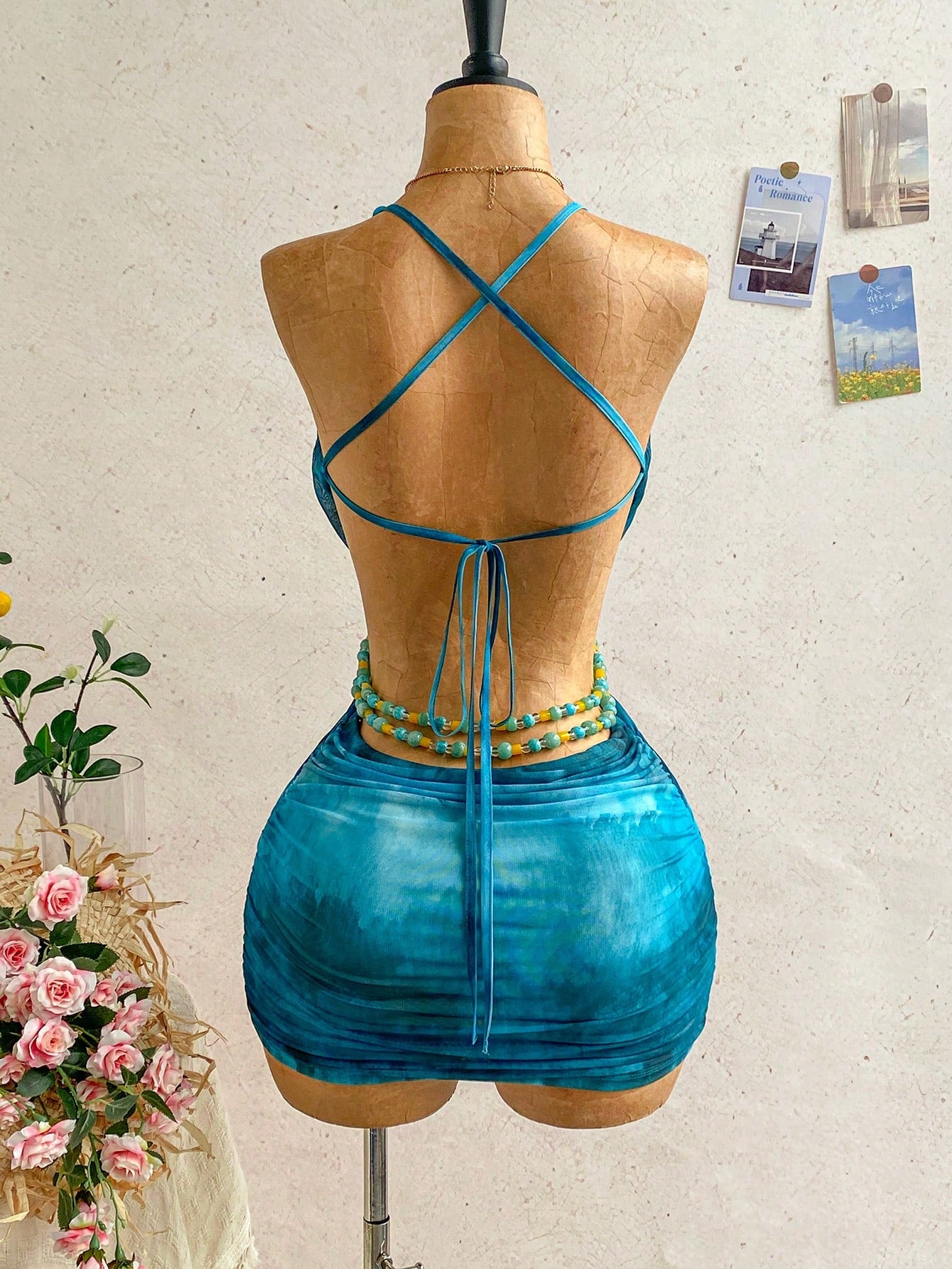 Ure Wave Women's Steel Blue Summer Casual Holiday Vacation Mesh Knit Mini Dress,Gradient Cutout Waist Open Back Beaded Chain Festival Party Beach Dress