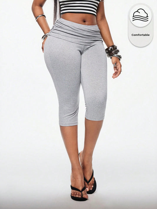 Vadaroq Women's Summer Streetwear Sporty Athleisure Sporty Gym Sportswear Vintage Casual Stretchy Comfortable Elastic Waistband Gray Capri Pants Gym