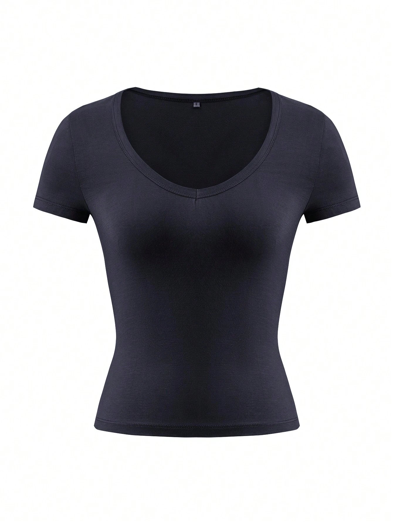 Vaiaye Women's Solid Color V-Neck Short Sleeve Sexy Fitted Y2K Style T-Shirt, Suitable For Daily Wear Casual Black Summer