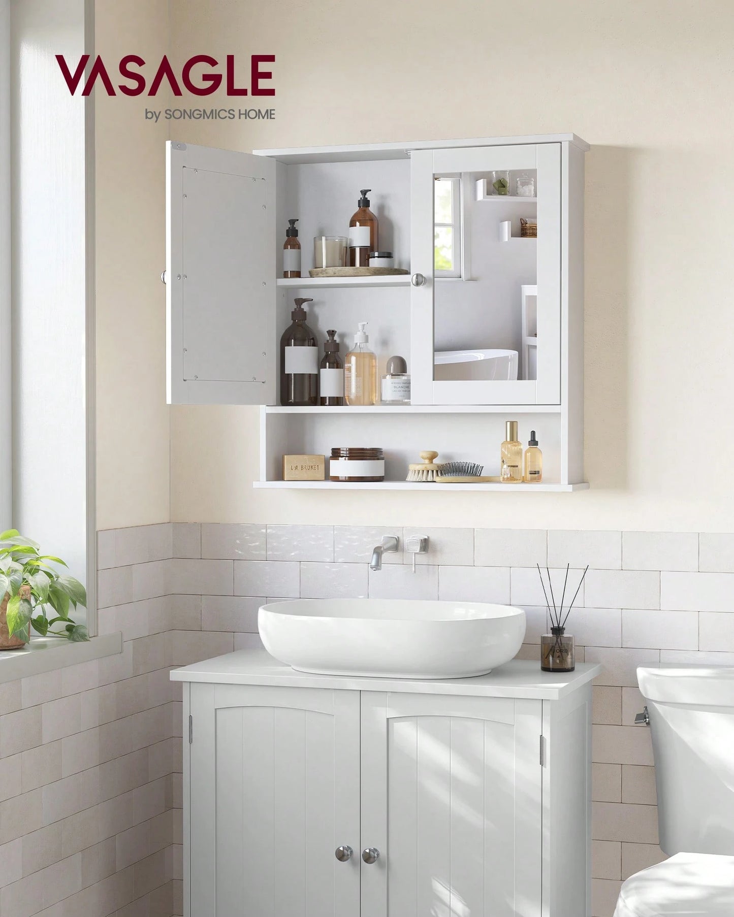 VASAGLE Bathroom Cabinet With Mirror, Wall Cabinet With 2 Mirrored Doors, Adjustable Shelf, Open Compartment, Wall-Mounted, 5.1 X 22.2 X 23 Inches