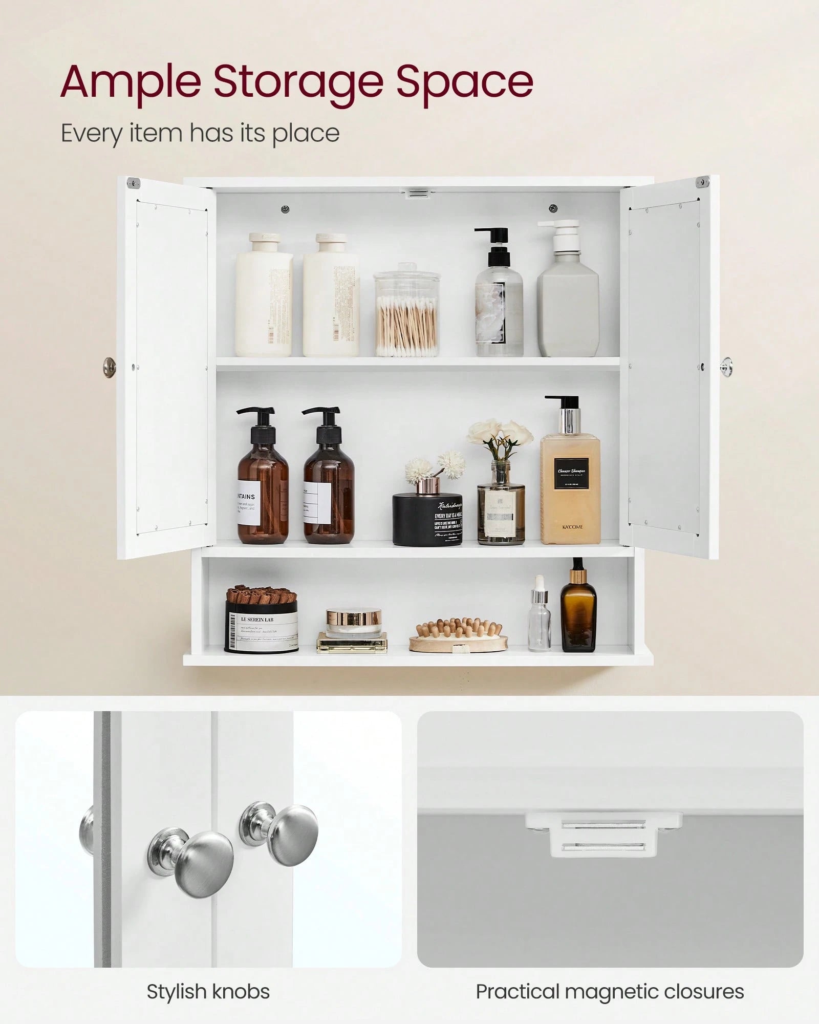 VASAGLE Bathroom Cabinet With Mirror, Wall Cabinet With 2 Mirrored Doors, Adjustable Shelf, Open Compartment, Wall-Mounted, 5.1 X 22.2 X 23 Inches