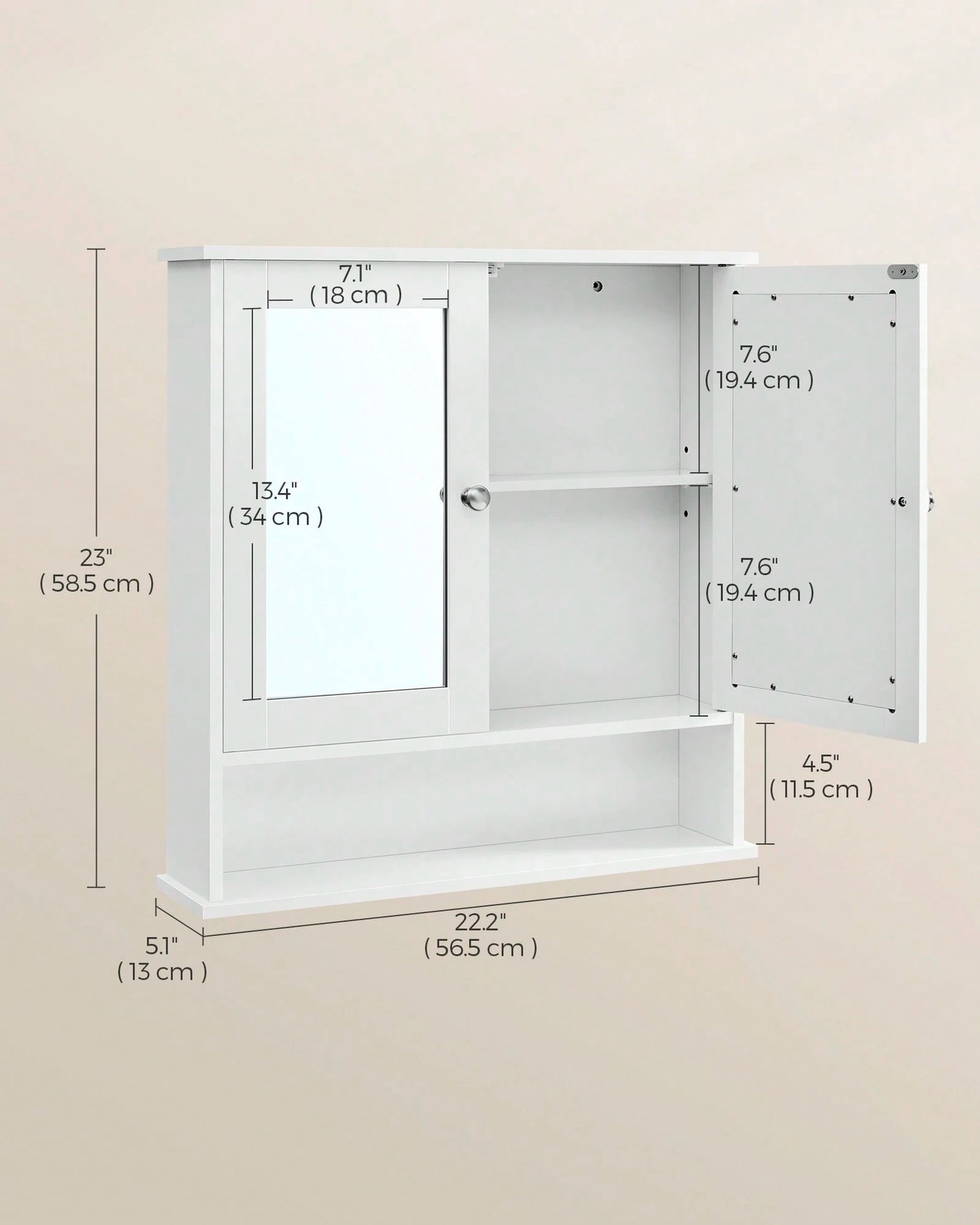 VASAGLE Bathroom Cabinet With Mirror, Wall Cabinet With 2 Mirrored Doors, Adjustable Shelf, Open Compartment, Wall-Mounted, 5.1 X 22.2 X 23 Inches