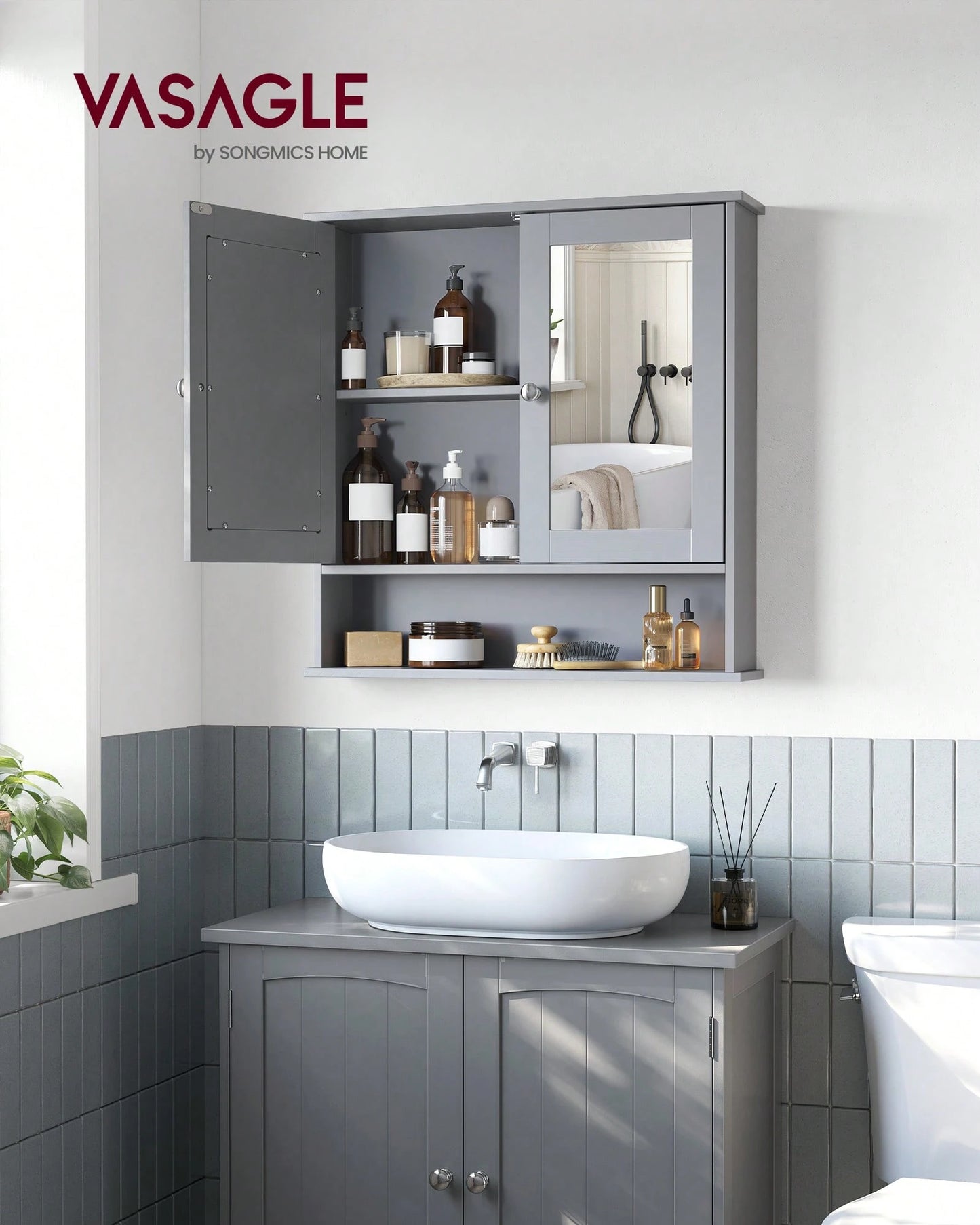 VASAGLE Bathroom Cabinet With Mirror, Wall Cabinet With 2 Mirrored Doors, Adjustable Shelf, Open Compartment, Wall-Mounted, 5.1 X 22.2 X 23 Inches
