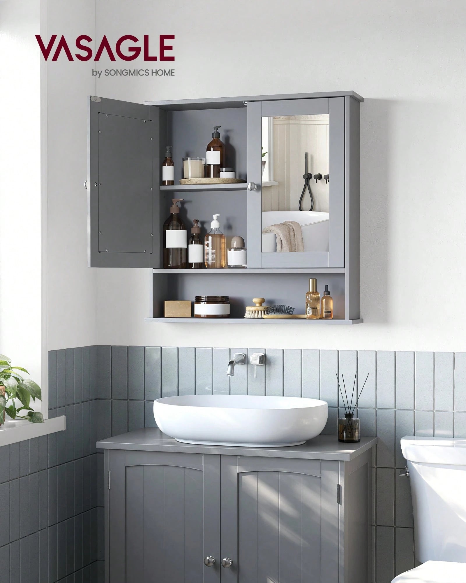 VASAGLE Bathroom Cabinet With Mirror, Wall Cabinet With 2 Mirrored Doors, Adjustable Shelf, Open Compartment, Wall-Mounted, 5.1 X 22.2 X 23 Inches
