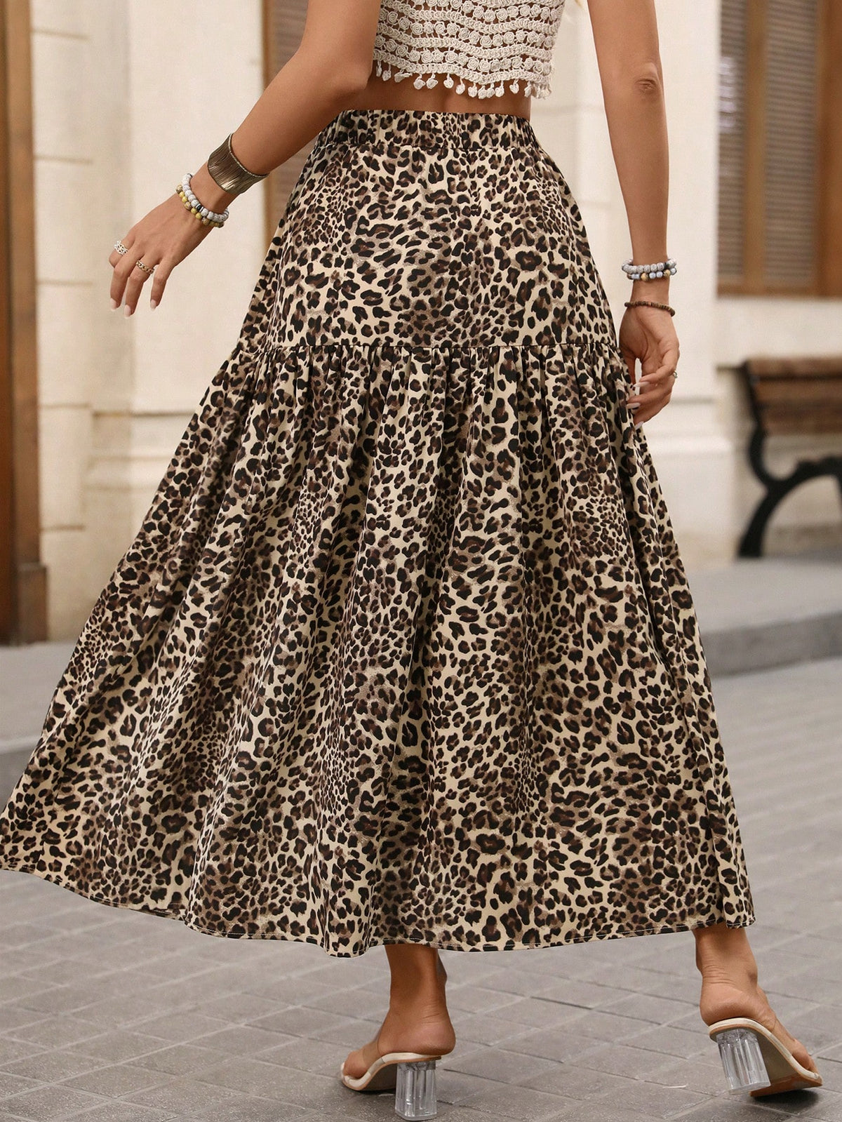 VCAY Women's Leopard Print Pleated A-Line Skirt BOHO Elastic High Waist Flowy Casual Beach Vacation Vacation Vacation Vacation Outfits Beige Autumn